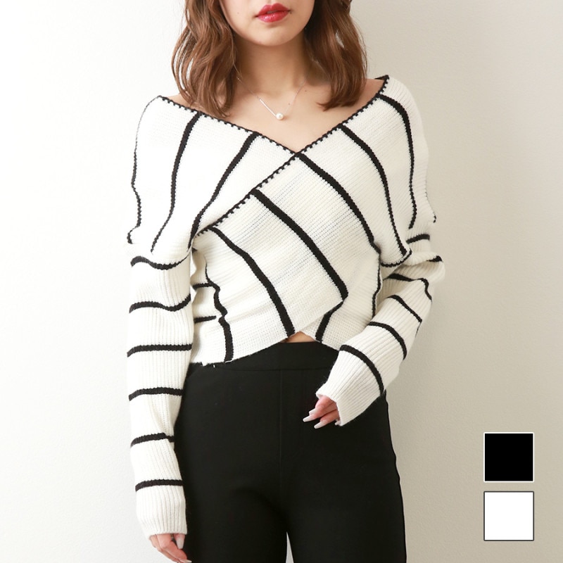 ニット トップス カシュクール 肩だし 長袖 ショート丈 ボーダー 韓国ファッション シンプル 大人 キレイめ デート オフィスカジュアル Y2K レディース 秋 冬 新作 ブラック 黒 ホワイト 白 フリーサイズ JOCOSA 7165