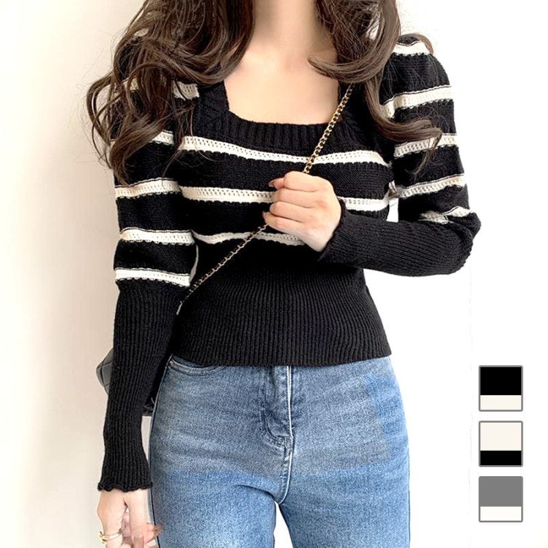 ニット スクエアネック ボーダー 透かし編み パフスリーブ 長袖 トップス シャツ 起毛 秋 冬 春 ショート丈 ボリューム袖 オフィスカジュアル シンプル レトロ Y2K 韓国ファッション 大人 レディース ブラック ホワイト グレー フリーサイズ JOCOSA 7167