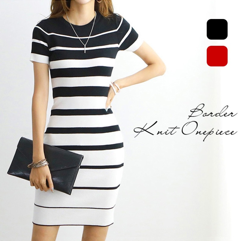 サマーニット ワンピース ボーダー タイト 半袖 ミニ 大人かわいい 膝上丈 韓国ファッション レディース 春 夏 秋 新作 ブラック レッド フリーサイズ JOCOSA 9261