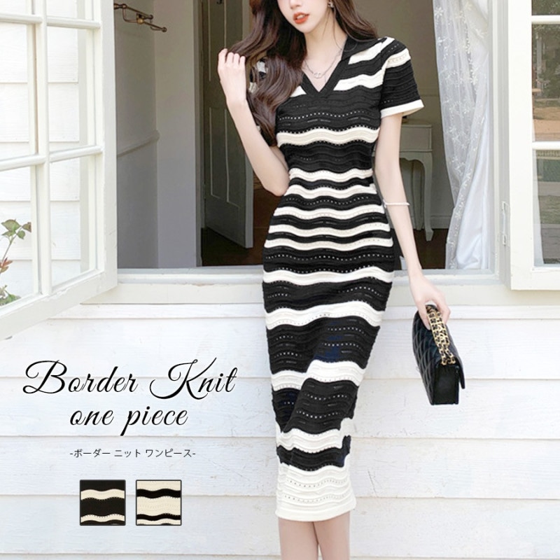 ニットワンピース ボーダー ロング丈 マキシ丈 半袖 Vネック 襟付き 透かし編み レディース 春 夏 秋 新作 ブラック ベージュ フリーサイズ JOCOSA 9265