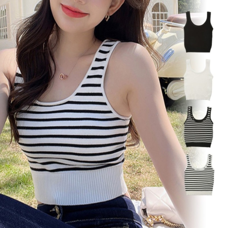 タンクトップ ショート丈 ボーダー ノースリーブ サマーニット シンプル トップス インナー レディース 春 夏 秋 新作 ブラック ホワイト フリーサイズ JOCOSA 7211
