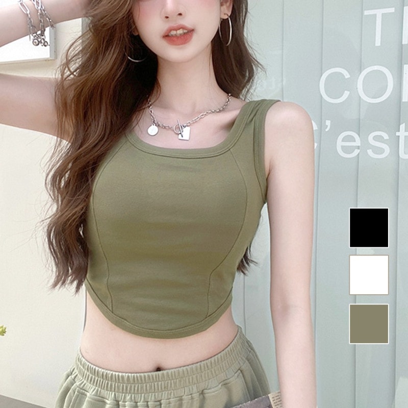 タンクトップ トップス ショート丈 ノースリーブ Uネック アシンメトリー パッド付き レディース 春 夏 秋 新作 ブラック ホワイト カーキ フリーサイズ JOCOSA 7216