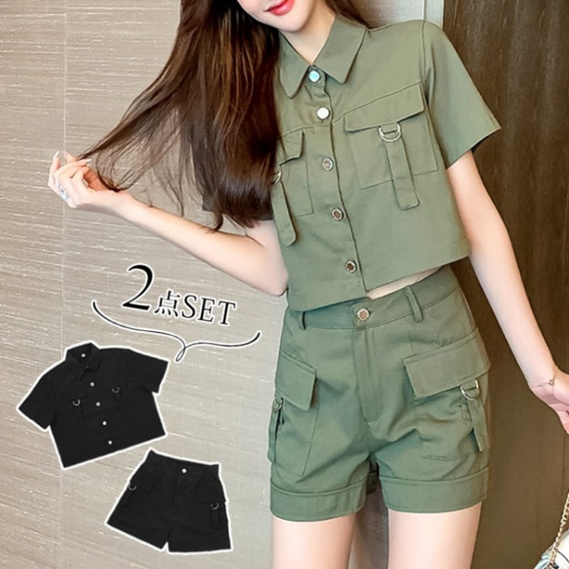 セットアップ トップス パンツ 半袖 ショート丈 2点セット ポケット ボタン レディース 春 夏 秋 新作 ブラック グリーン S M L XL JOCOSA 9601