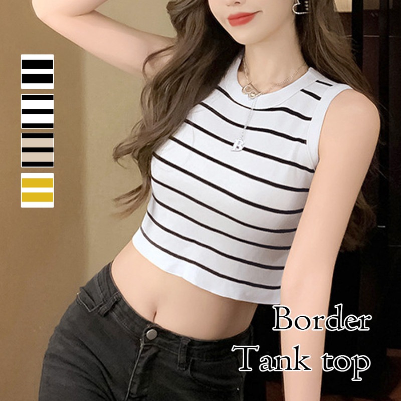 ニット トップス ノースリーブ ショート丈 ボーダー ラウンドネック ネックレス付き レディース 春 夏 秋 新作 ブラック ホワイト ベージュ マスタード フリーサイズ JOCOSA 7226