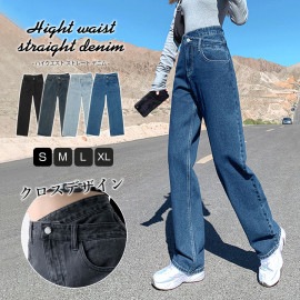 ウエストクロス ストレート デニムパンツ ロング丈 ハイウエスト ポケット レディース 春 夏 秋 冬 新作 ブラック グレー ライトブルー ブルー S M L XL JOCOSA 9139