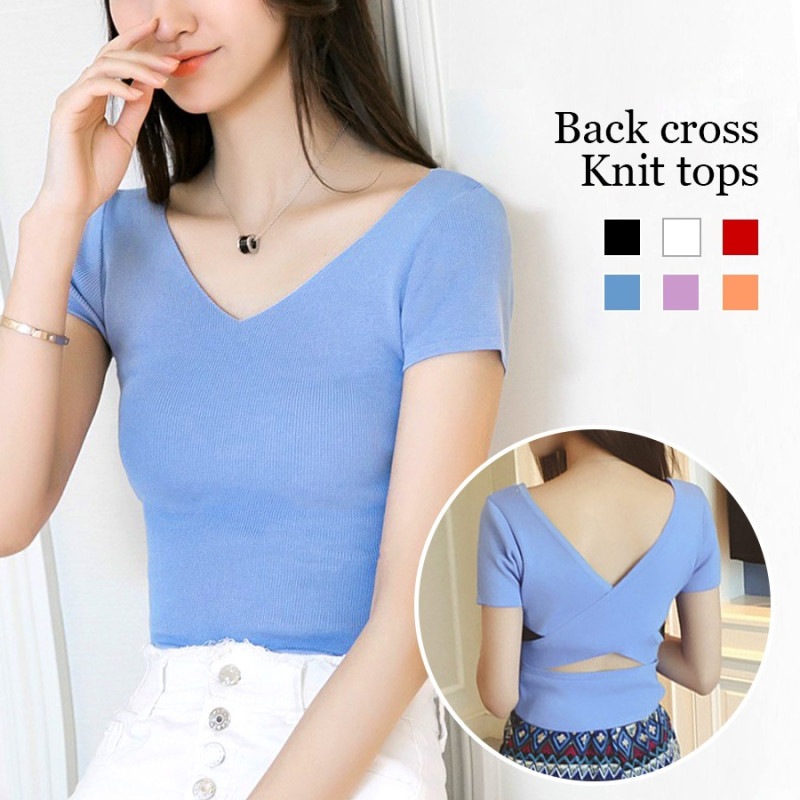ニット トップス バッククロス ショート丈 Vネック レディース 春 夏 秋 新作 ブラック ホワイト レッド ブルー ラベンダー オレンジ フリーサイズ JOCOSA 7229