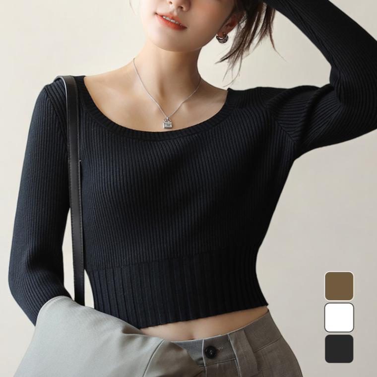 ニット トップス リブニット ショート丈 長袖 ストライプ 切り替え ボートネック レディース 春 秋 冬 新作 ブラック ホワイト ブラウン アイボリー フリーサイズ JOCOSA 7234