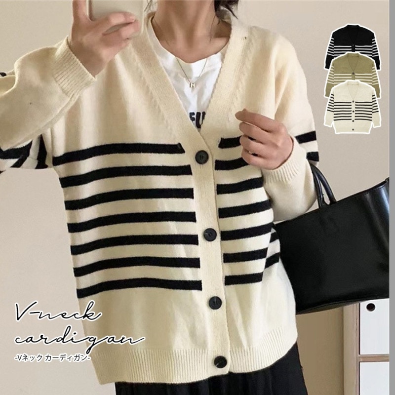 カーディガン ニット 長袖 ボーダー やや厚手 Vネック トップス レディース 春 秋 冬 新作 ブラック カーキ アイボリー フリーサイズ JOCOSA 9315