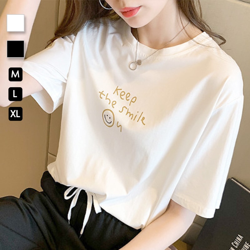 Ｔシャツ ロゴ プリント 半袖 ミドル丈 ゆったり トップス ラウンドネック 大人っぽい シンプル レディース 春 夏 秋 新作 ブラック ホワイトM L XL JOCOSA 7215