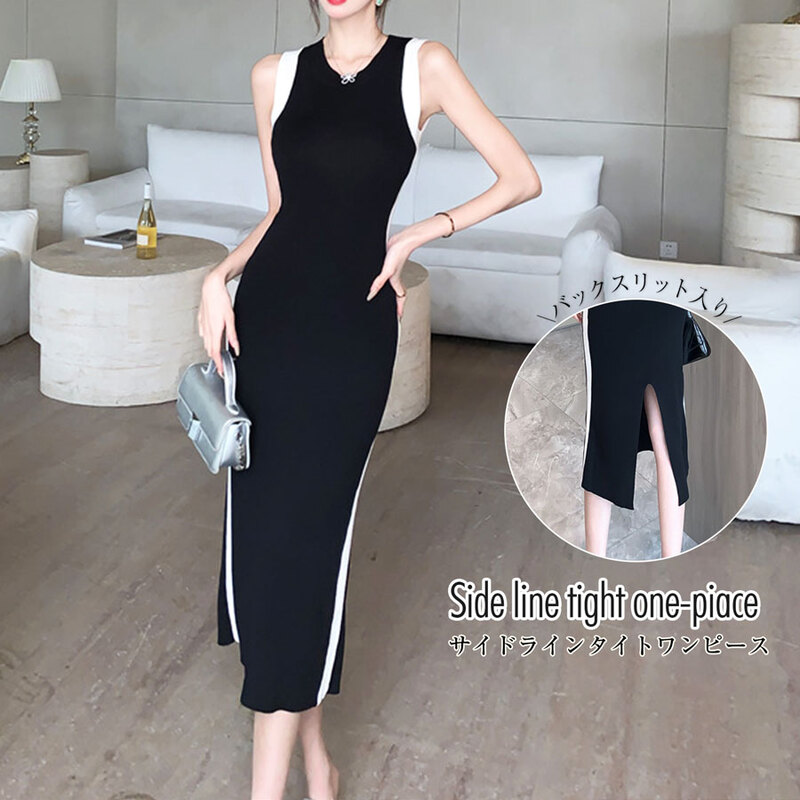 ワンピース ニット ノースリーブ タイト ロング丈 スリット ラウンドネック 春服 夏服 韓国 JOCOSA 5006