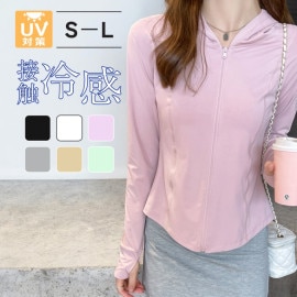 トップス スポーツウェア パーカー 長袖 ミディ丈 ジップアップ UVカット 指穴 薄手 伸縮 韓国ファッション レディース SML JOCOSA 8765