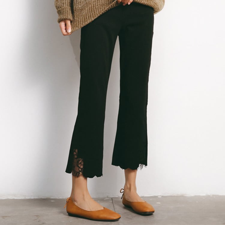 パンツ レディース ストレッチ 九分丈 ワイドパンツ レース 切りっぱなし 春 夏 秋 冬 ボトムス 黒 ブラック JOCOSA 送料無料 即納 8141