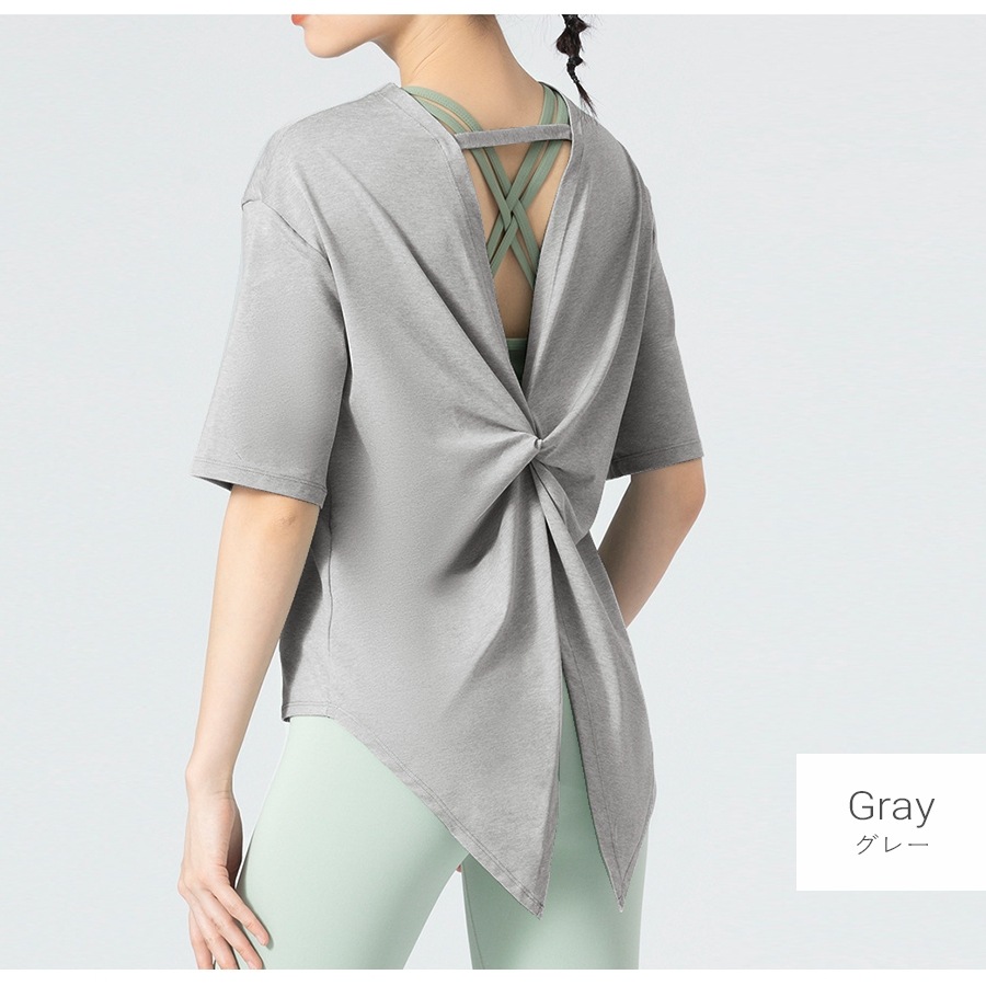 スポーツウェア トップス Tシャツ 韓国ファッション 韓国 セクシー 半袖 レディース フィットネス ヨガ ジム おしゃれ シンプル 背中見せ バッククロス 春 夏 秋 冬 新作 グレー グリーン 緑 ブルー 青 ピンク S M L JOCOSA 8741