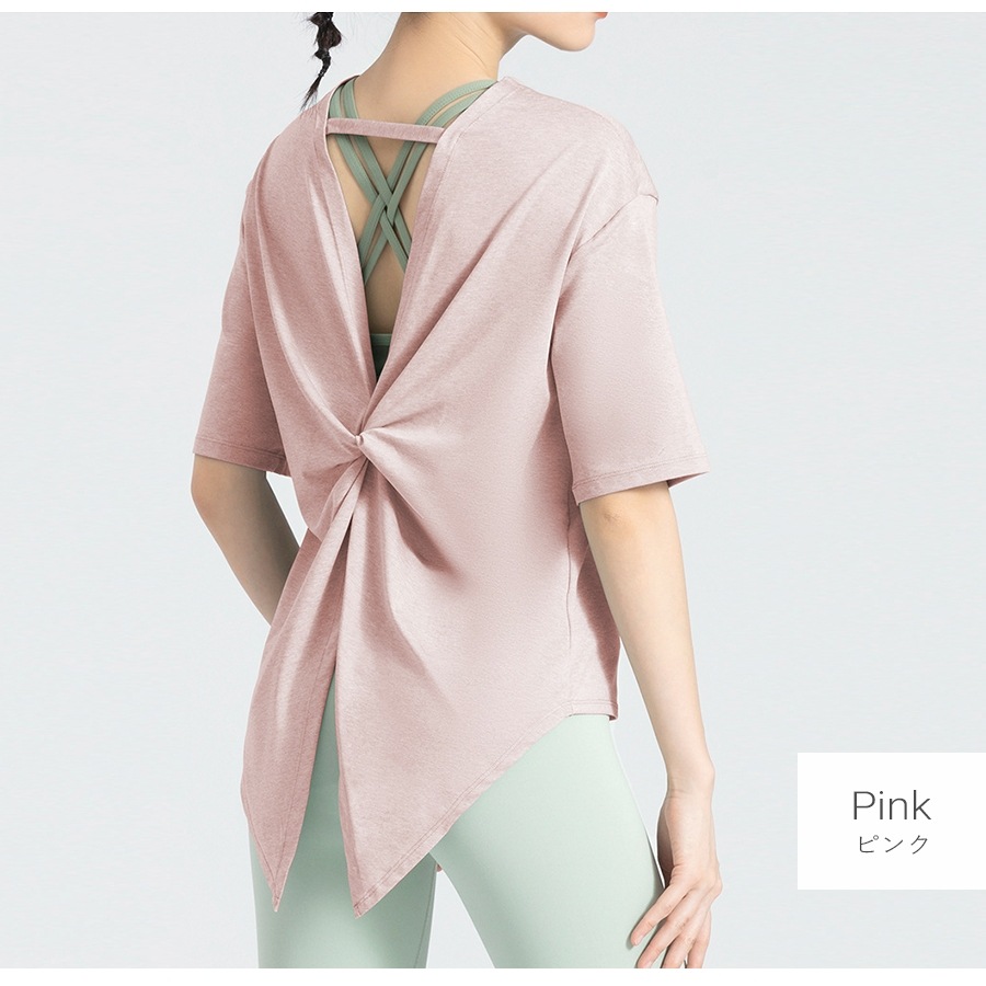 スポーツウェア トップス Tシャツ 韓国ファッション 韓国 セクシー 半袖 レディース フィットネス ヨガ ジム おしゃれ シンプル 背中見せ バッククロス 春 夏 秋 冬 新作 グレー グリーン 緑 ブルー 青 ピンク S M L JOCOSA 8741