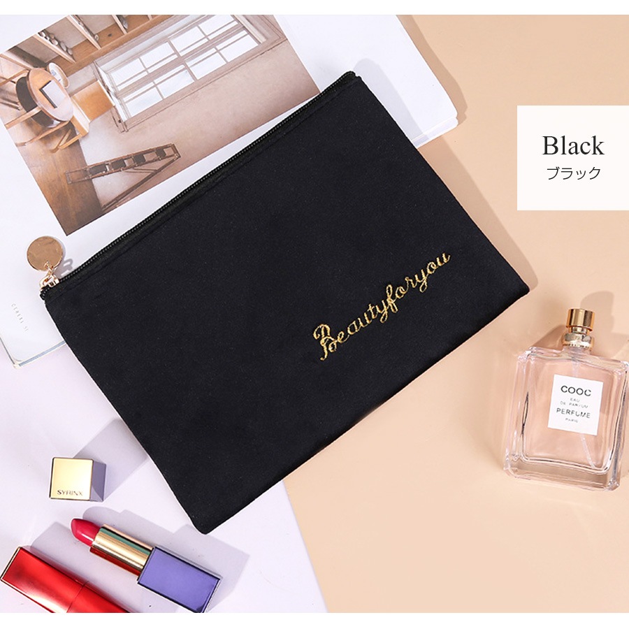化粧ポーチ メイクポーチ 小物入れ ベロア 大容量 化粧品 コスメ 収納 リップ メイク ペンケース シンプル ワンポイント ロゴ 刺繍 裏地付き ブラック 黒 グレー 灰 ベージュ 茶 ブルー 青 ピンク レッド 赤 JOCOSA 9030