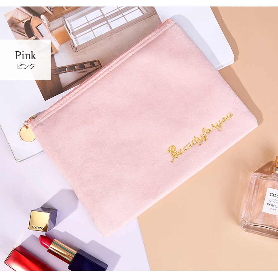 化粧ポーチ メイクポーチ 小物入れ ベロア 大容量 化粧品 コスメ 収納 リップ メイク ペンケース シンプル ワンポイント ロゴ 刺繍 裏地付き ブラック 黒 グレー 灰 ベージュ 茶 ブルー 青 ピンク レッド 赤 JOCOSA 9030