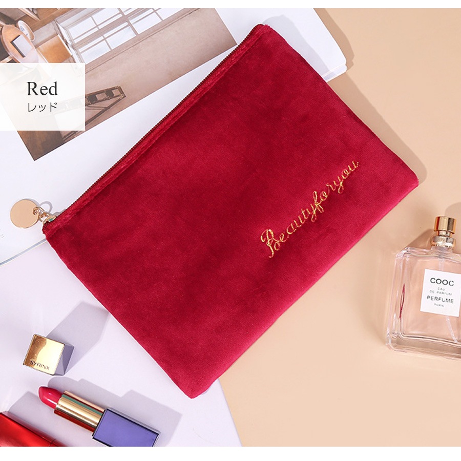 化粧ポーチ メイクポーチ 小物入れ ベロア 大容量 化粧品 コスメ 収納 リップ メイク ペンケース シンプル ワンポイント ロゴ 刺繍 裏地付き ブラック 黒 グレー 灰 ベージュ 茶 ブルー 青 ピンク レッド 赤 JOCOSA 9030