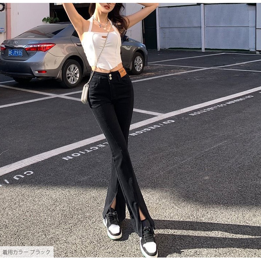 フロントスリット フレアデニム フレアパンツ デニムパンツ ハイウエスト ハイライズ デニム ロング丈 ジーパン ジーンズ ステッチ ポケット ギャル カジュアル 無地 韓国ファッション レディース 新作 春 夏 秋 冬 ブラック ライトブルー ブルー S M L XL JOCOSA 9105