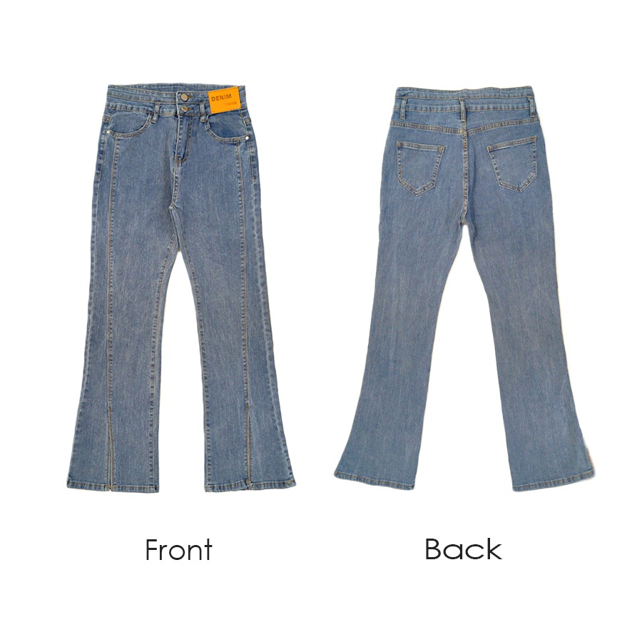 フロントスリット フレアデニム フレアパンツ デニムパンツ ハイウエスト ハイライズ デニム ロング丈 ジーパン ジーンズ ステッチ ポケット ギャル カジュアル 無地 韓国ファッション レディース 新作 春 夏 秋 冬 ブラック ライトブルー ブルー S M L XL JOCOSA 9105