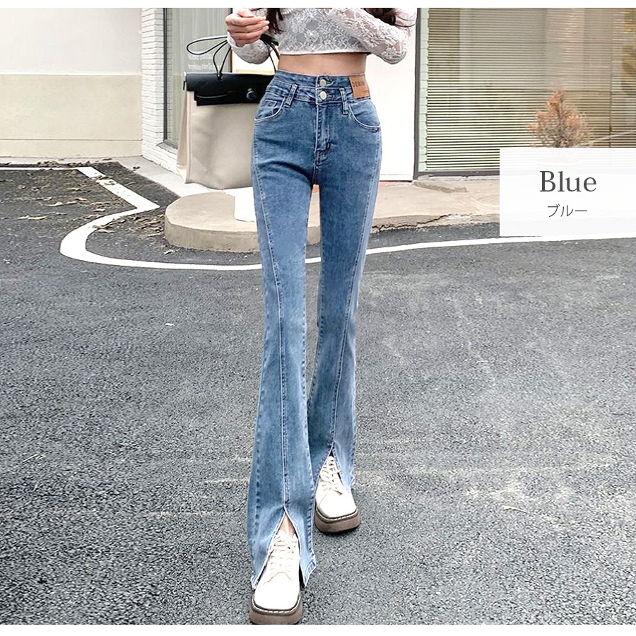 フロントスリット フレアデニム フレアパンツ デニムパンツ ハイウエスト ハイライズ デニム ロング丈 ジーパン ジーンズ ステッチ ポケット ギャル カジュアル 無地 韓国ファッション レディース 新作 春 夏 秋 冬 ブラック ライトブルー ブルー S M L XL JOCOSA 9105