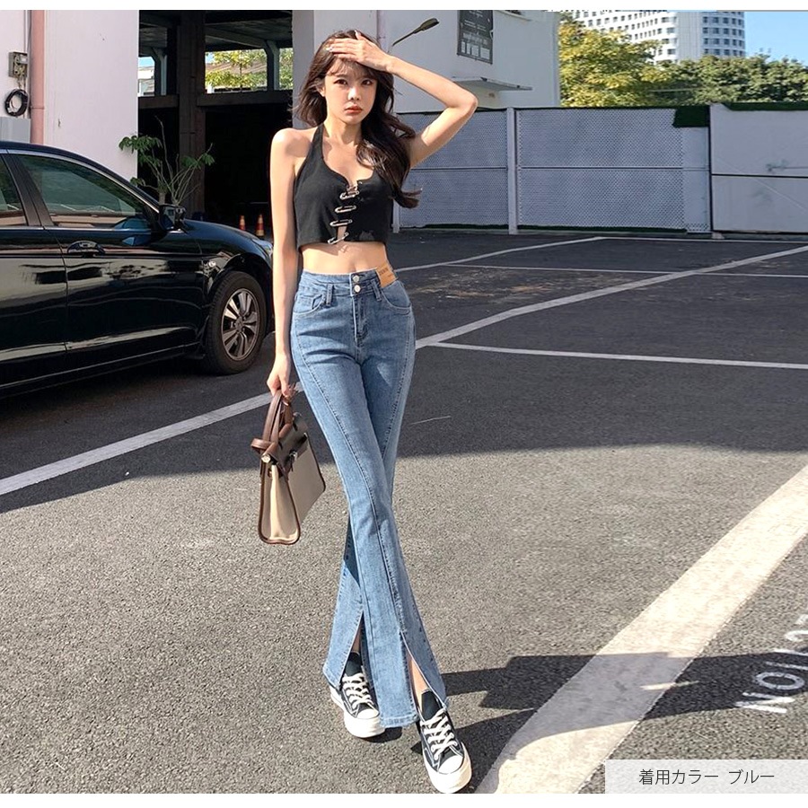 フロントスリット フレアデニム フレアパンツ デニムパンツ ハイウエスト ハイライズ デニム ロング丈 ジーパン ジーンズ ステッチ ポケット ギャル カジュアル 無地 韓国ファッション レディース 新作 春 夏 秋 冬 ブラック ライトブルー ブルー S M L XL JOCOSA 9105