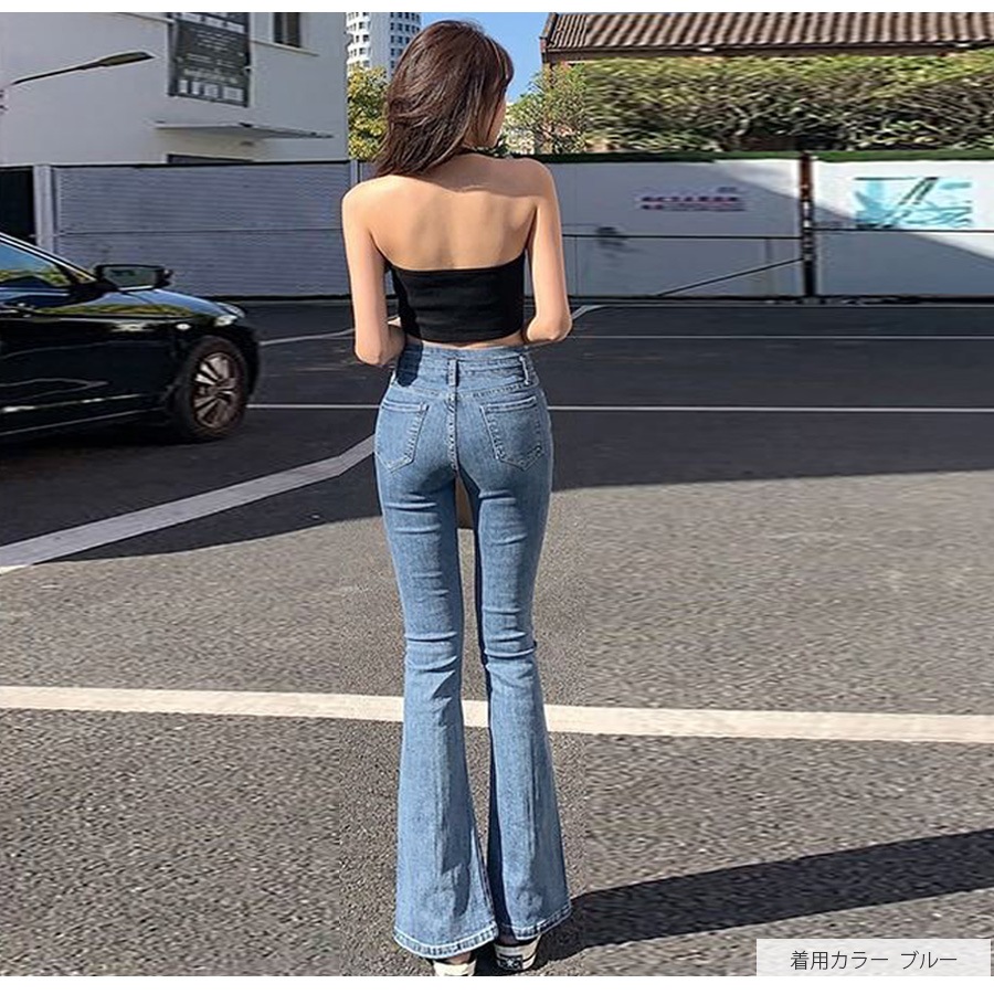 フロントスリット フレアデニム フレアパンツ デニムパンツ ハイウエスト ハイライズ デニム ロング丈 ジーパン ジーンズ ステッチ ポケット ギャル カジュアル 無地 韓国ファッション レディース 新作 春 夏 秋 冬 ブラック ライトブルー ブルー S M L XL JOCOSA 9105