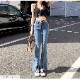 フロントスリット フレアデニム フレアパンツ デニムパンツ ハイウエスト ハイライズ デニム ロング丈 ジーパン ジーンズ ステッチ ポケット ギャル カジュアル 無地 韓国ファッション レディース 新作 春 夏 秋 冬 ブラック ライトブルー ブルー S M L XL JOCOSA 9105