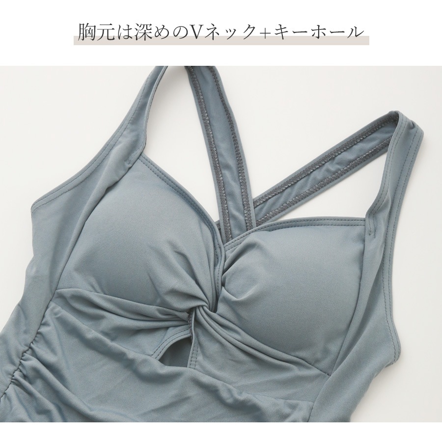 水着 ワンピース ミディ丈 ノースリーブ 体型カバー ギャザー キーホール パッド付き オールインワン レディース 春 夏 新作 ブラック アイスグレー M L XL JOCOSA 9811