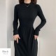 ニットワンピース ウエスト切り替え ハーフネック Aライン リブ 膝下丈 長袖 レディース 春 秋 冬 新作 ブラック グレージュ フリーサイズ JOCOSA 5000