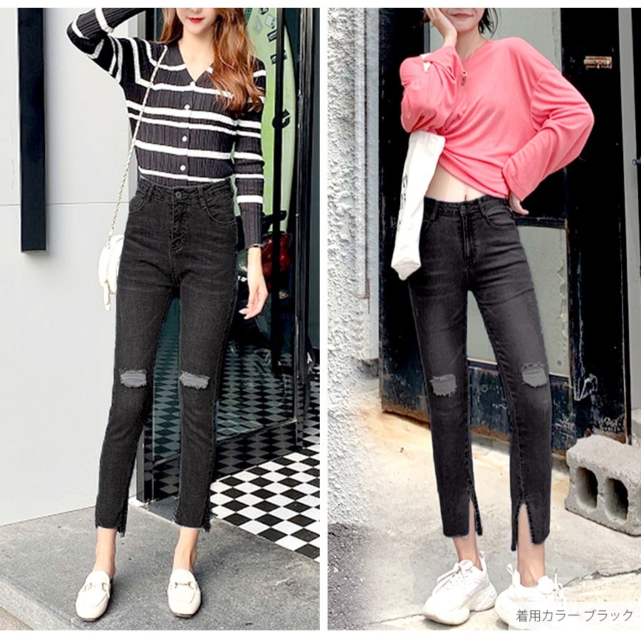 スキニー カットオフ デニム ダメージ 定番 シンプル 脚長 パンツ カジュアル カットデニム ポケット 韓国ファッション レディース 新作 春 夏 秋 ブラック ブルー S M L XL JOCOSA 9122