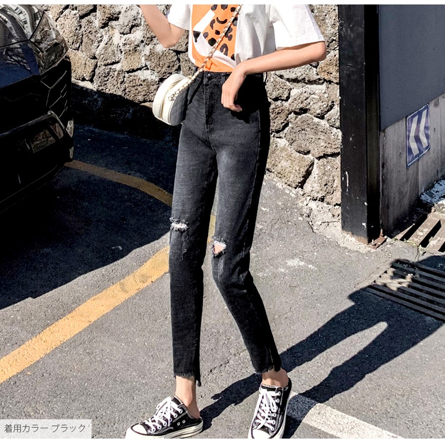 スキニー カットオフ デニム ダメージ 定番 シンプル 脚長 パンツ カジュアル カットデニム ポケット 韓国ファッション レディース 新作 春 夏 秋 ブラック ブルー S M L XL JOCOSA 9122