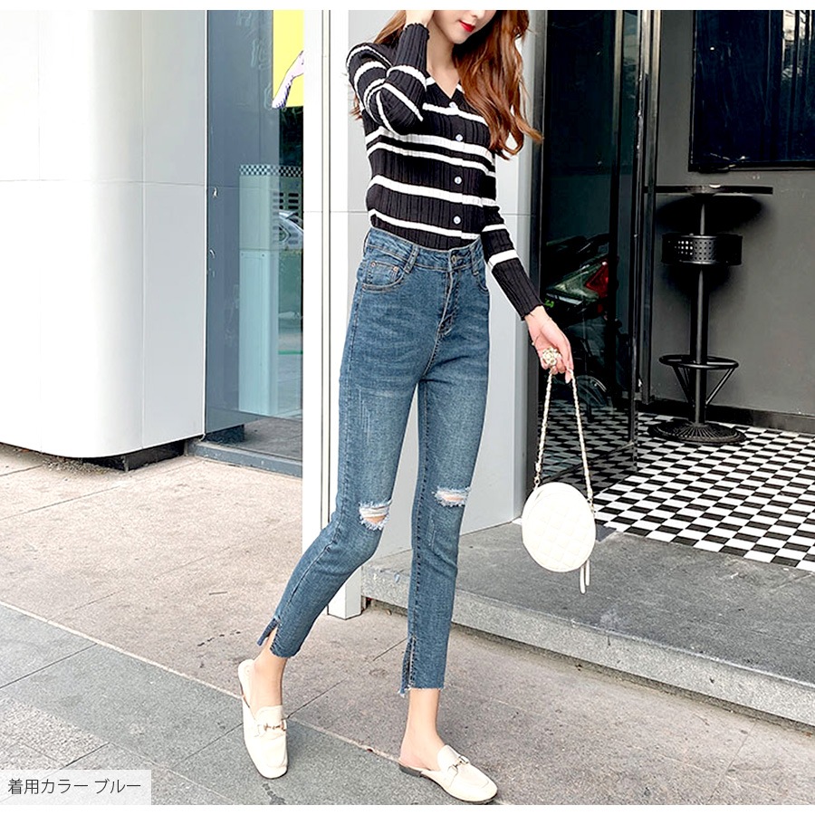 スキニー カットオフ デニム ダメージ 定番 シンプル 脚長 パンツ カジュアル カットデニム ポケット 韓国ファッション レディース 新作 春 夏 秋 ブラック ブルー S M L XL JOCOSA 9122