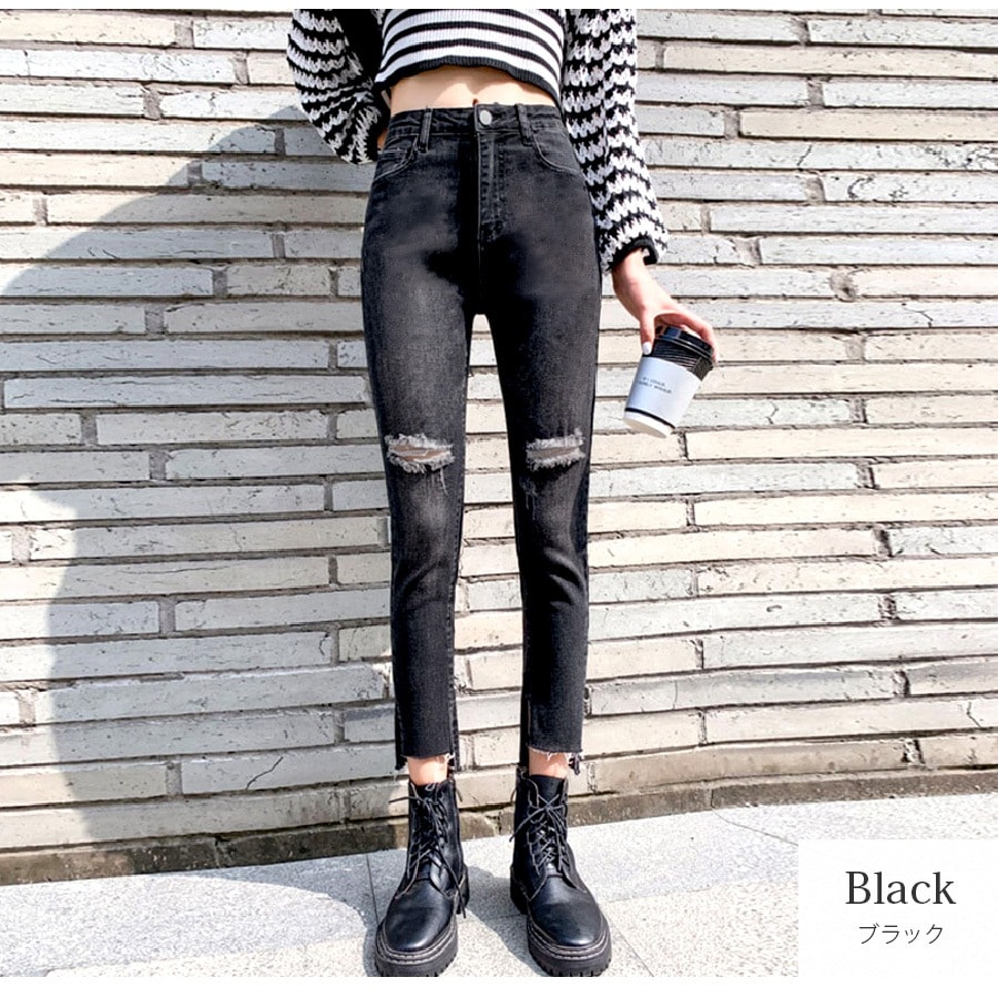 ダメージデニム パンツ カットオフ カジュアル ハイウェストストレートダメージデニムパンツ 裾カットオフ【2