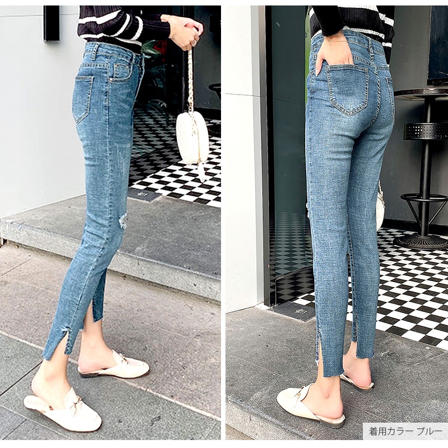 スキニー カットオフ デニム ダメージ 定番 シンプル 脚長 パンツ カジュアル カットデニム ポケット 韓国ファッション レディース 新作 春 夏 秋 ブラック ブルー S M L XL JOCOSA 9122
