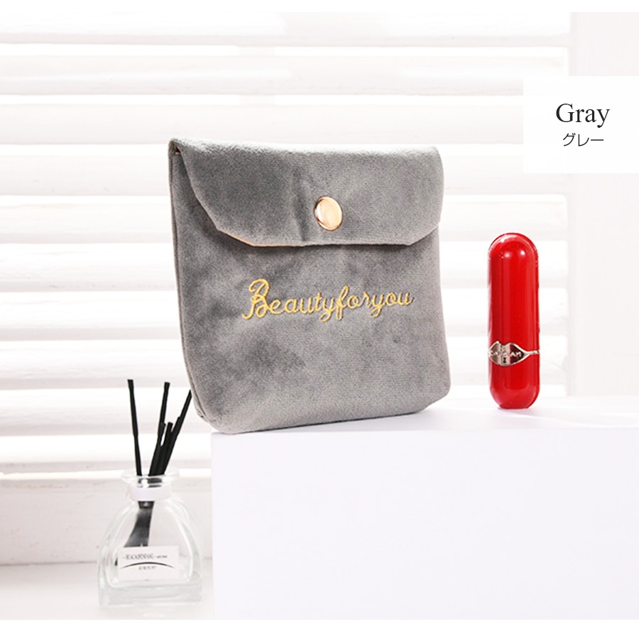 ミニ 化粧ポーチ 小物入れ 小さめ メイクポーチ ベロア 携帯用 仕切り サニタリーケース 生理用品 衛生用品 ナプキンポーチ 収納 シンプル 刺繍 春 夏 秋 冬 新作 ブラック 黒 グレー 灰 ベージュ 茶 ブルー 青 ピンク レッド 赤 グリーン 緑 JOCOSA 9034