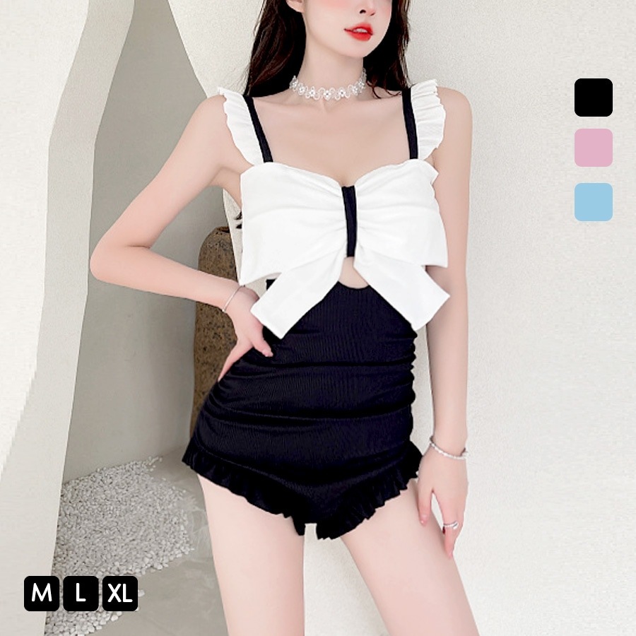 水着 リボン ワンピース 体型カバー フリル モノキニ オールインワン水着 バイカラー パッド付き 大人 おしゃれ レディース 夏 プール ブラック ピンク ブルー M L XL JOCOSA 9813