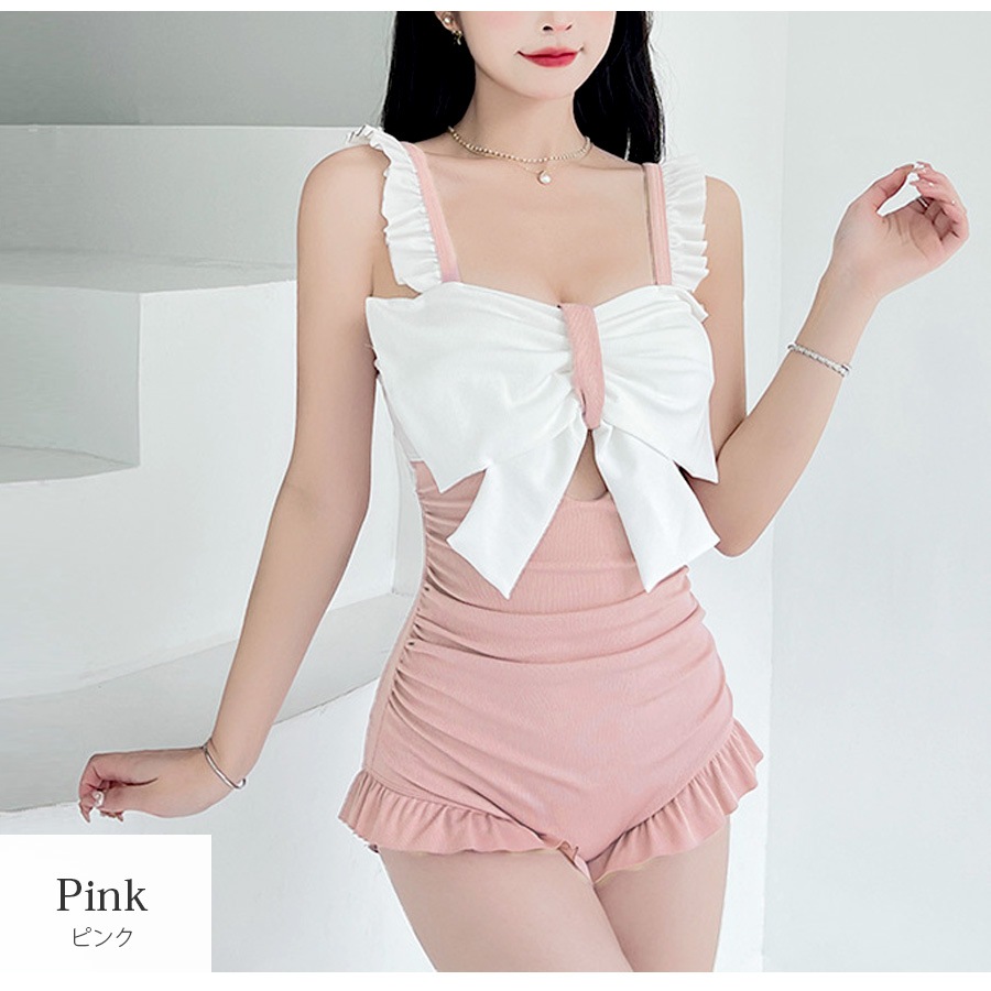 水着 リボン ワンピース 体型カバー フリル モノキニ オールインワン水着 バイカラー パッド付き 大人 おしゃれ レディース 夏 プール ブラック ピンク ブルー M L XL JOCOSA 9813