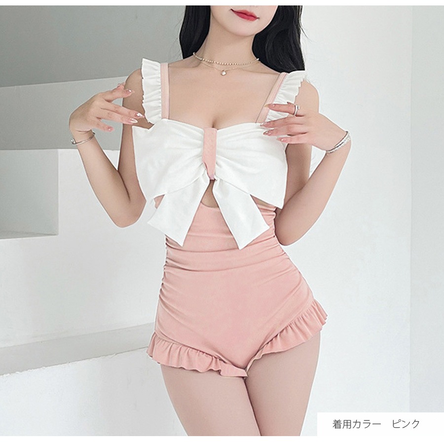 水着 リボン ワンピース 体型カバー フリル モノキニ オールインワン水着 バイカラー パッド付き 大人 おしゃれ レディース 夏 プール ブラック ピンク ブルー M L XL JOCOSA 9813