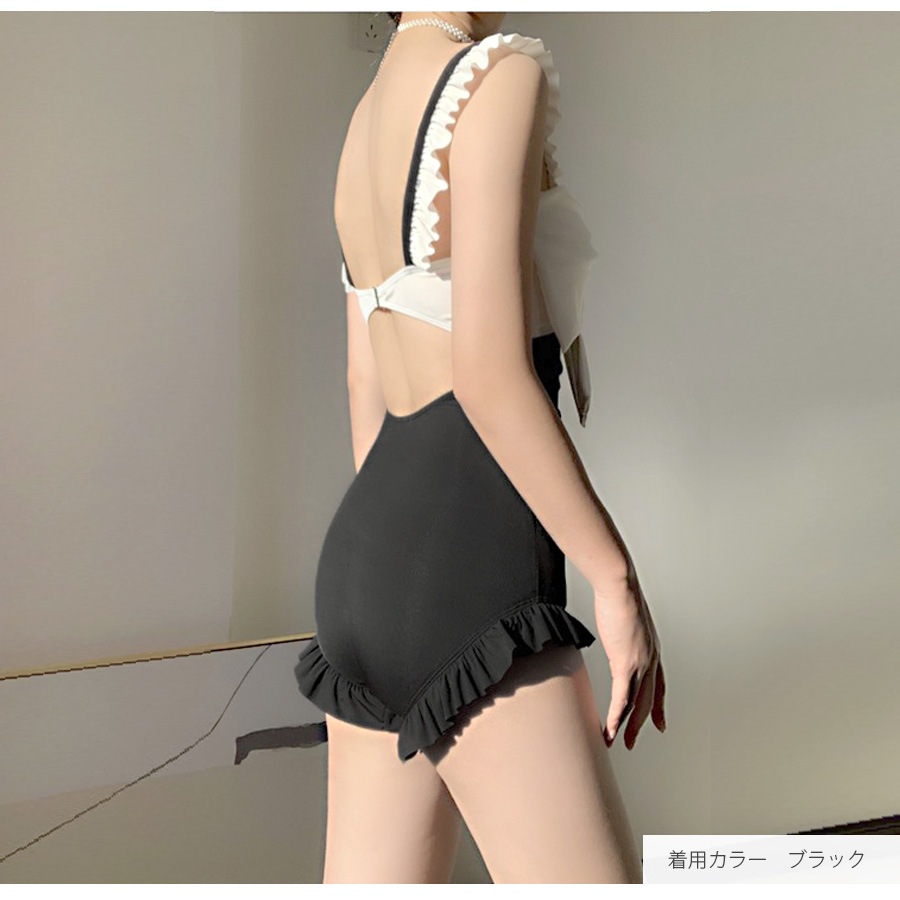 水着 リボン ワンピース 体型カバー フリル モノキニ オールインワン水着 バイカラー パッド付き 大人 おしゃれ レディース 夏 プール ブラック ピンク ブルー M L XL JOCOSA 9813