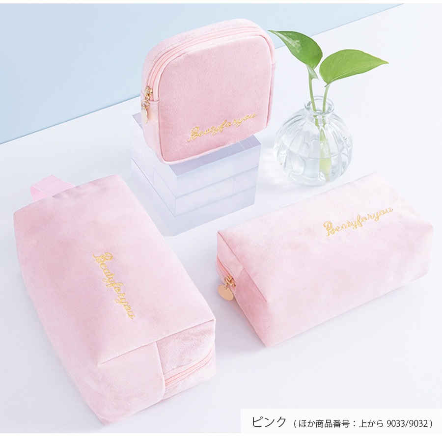 化粧ポーチ メイクポーチ 小物入れ ベロア 大容量 化粧品 コスメ 収納 リップ メイク ペンケース シンプル ワンポイント ロゴ 刺繍 裏地付き ブラック 黒 グレー 灰 ベージュ 茶 ブルー 青 ピンク レッド 赤 JOCOSA 9031