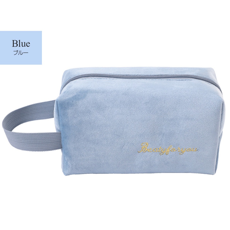 化粧ポーチ メイクポーチ 小物入れ ベロア 大容量 化粧品 コスメ 収納 リップ メイク ペンケース シンプル ワンポイント ロゴ 刺繍 裏地付き ブラック 黒 グレー 灰 ベージュ 茶 ブルー 青 ピンク レッド 赤 JOCOSA 9031