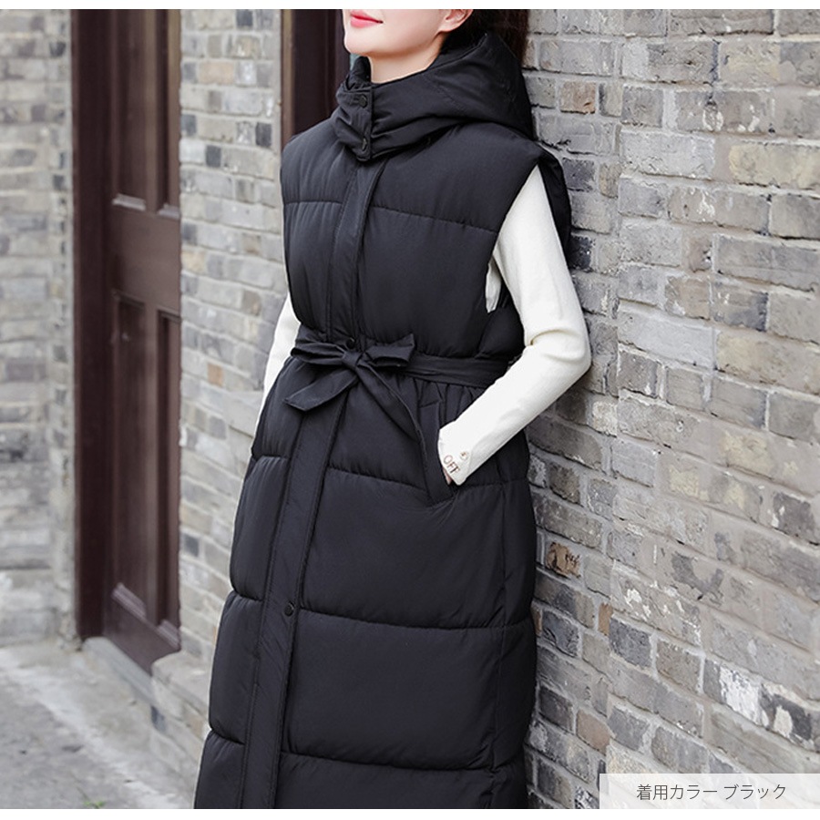 ダウン コート アウター ロング丈 ベスト ポケット ボタン ダブルジップ フード 取り外し 秋 冬 新作 ブラック アイボリー ベージュ M L JOCOSA 9312