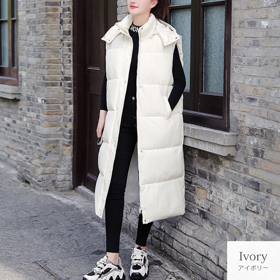ダウン コート アウター ロング丈 ベスト ポケット ボタン ダブルジップ フード 取り外し 秋 冬 新作 ブラック アイボリー ベージュ M L JOCOSA 9312