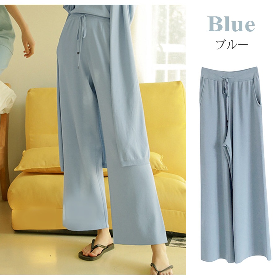 ワイドパンツ レディース 大きいサイズ ロング ニット 薄手 サマーニット 春 夏 秋 冬 ボトムス ウエストゴム ルームウェア 高身長 大人 無地 涼しい ゆる ゆったり くすみ ピンク ブルー ベージュ ブラック 黒 JOCOSA 8163