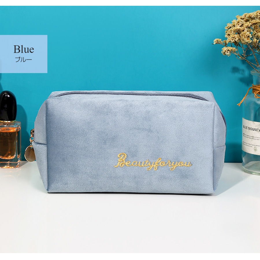化粧ポーチ メイクポーチ 小物入れ ベロア 大容量 旅行 化粧品 コスメ 収納 リップ メイク ペンケース シンプル ワンポイント ロゴ 刺繍 裏地付き ブラック 黒 グレー 灰 ベージュ 茶 ブルー 青 ピンク レッド 赤 JOCOSA 9032