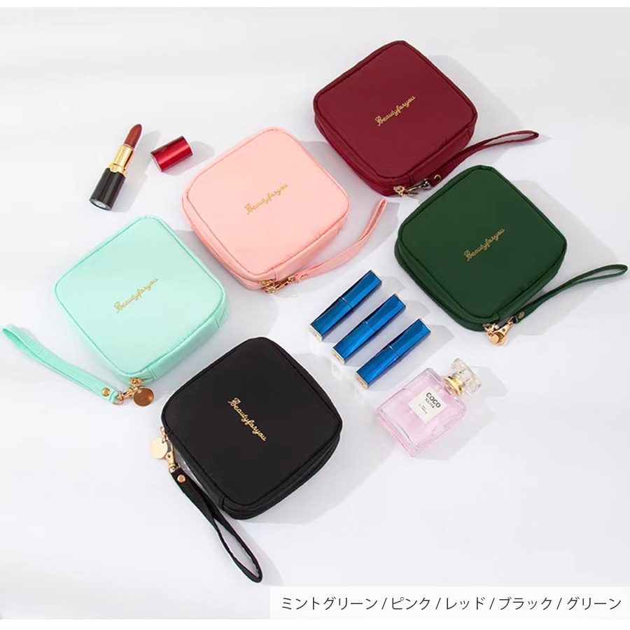 化粧ポーチ 撥水 サニタリー メイクポーチ 小物入れ サニタリーポーチ 生理用品 ナプキンポーチ ナプキン 化粧品 コスメ 収納 リップ メイク道具 おしゃれ シンプル ワンポイント ロゴ 裏地付き 新作 ブラック 黒 グリーン 緑 レッド 赤 ミントグリーン ピンク JOCOSA 9036