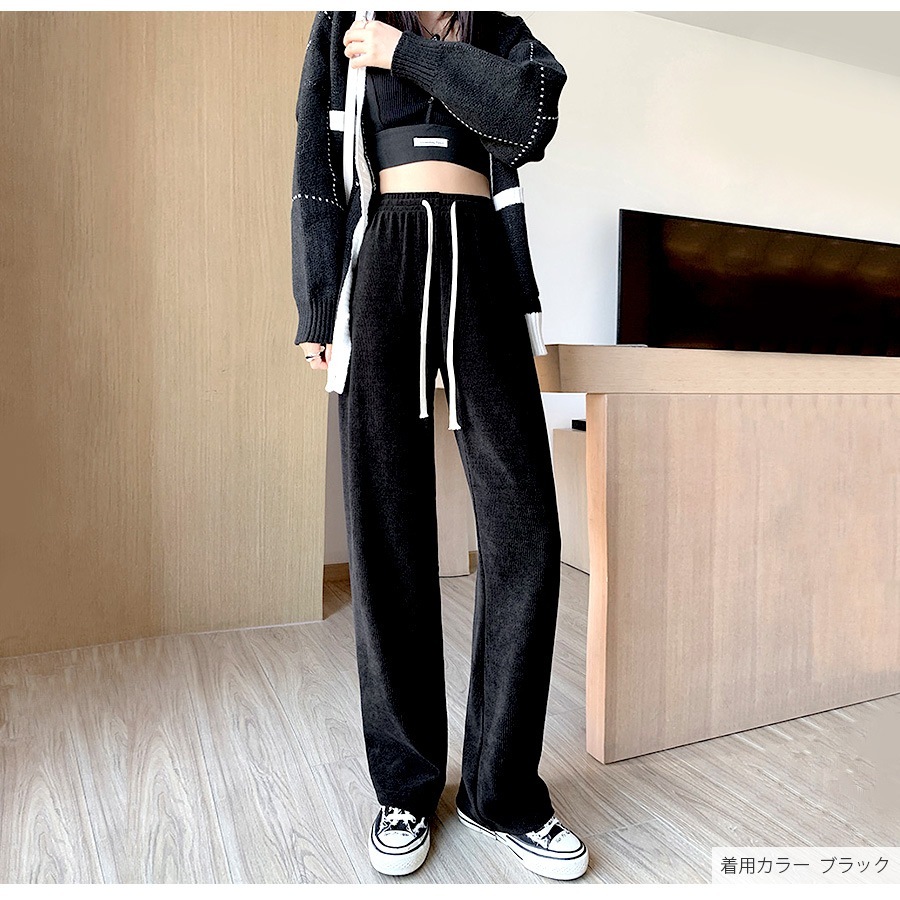 ワイドパンツ コーデュロイ リラックスパンツ ロングパンツ ハイウエスト ゆったり 定番 シンプル 韓国ファッション レディース 新作 春 秋 冬 ブラック グレー ベージュ アイボリー M L JOCOSA 9129