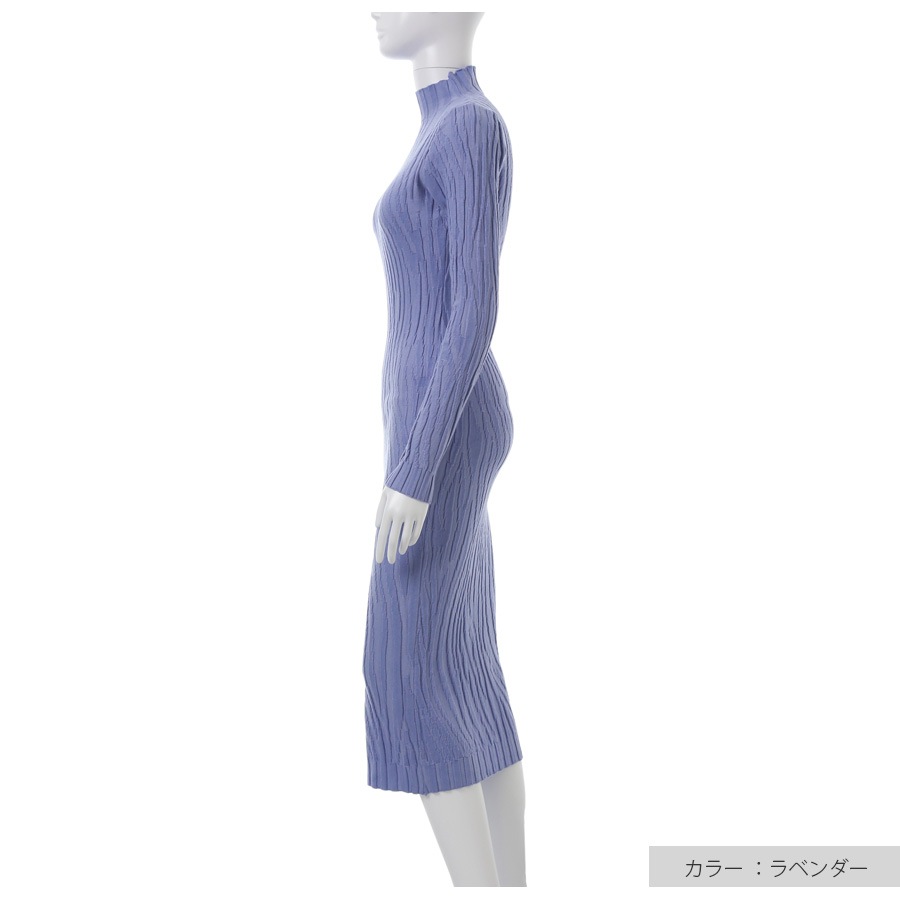 ニットワンピース ハーフネック タイト リブ 膝下丈 長袖 レディース 春 秋 冬 新作 ブラック ピンク ラベンダー アイボリー フリーサイズ JOCOSA 5001