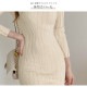 ニットワンピース ハーフネック タイト リブ 膝下丈 長袖 レディース 春 秋 冬 新作 ブラック ピンク ラベンダー アイボリー フリーサイズ JOCOSA 5001