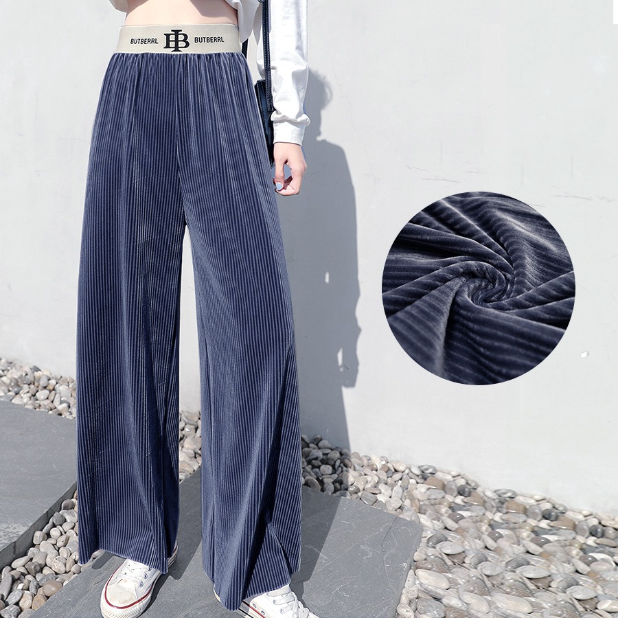 ワイドパンツ レディース 春夏秋冬 新作 ウエストゴム リブ コーデュロイ ベロア ルームウェア ボトムス ロング リラックス 大人可愛い かっこいい おしゃれ ロゴ 韓国 韓国風 グレー SML JOCOSA 8173 送料無料 即納